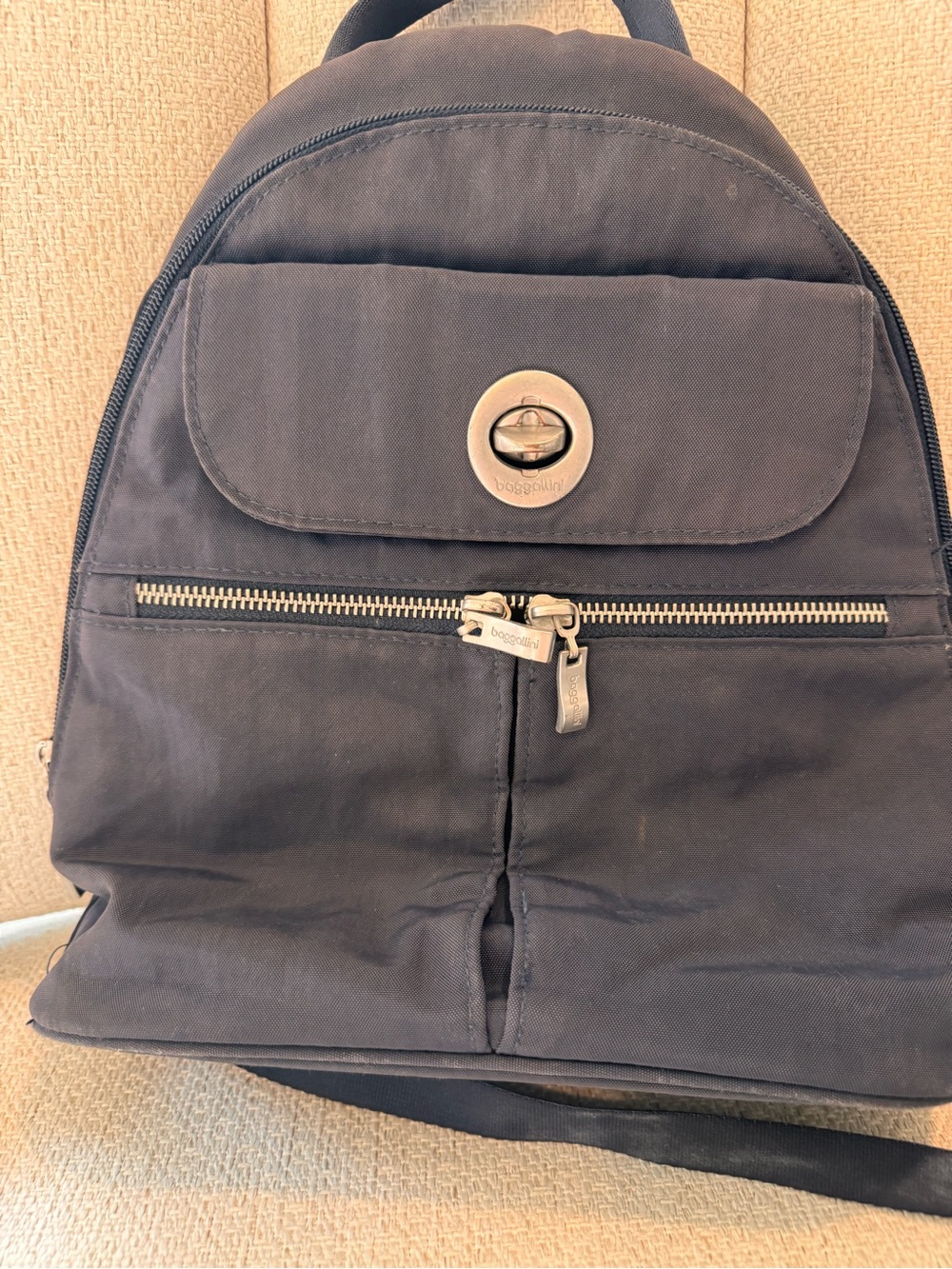 Baggallini Navy Blue Compact Backpack with Silver Hardware